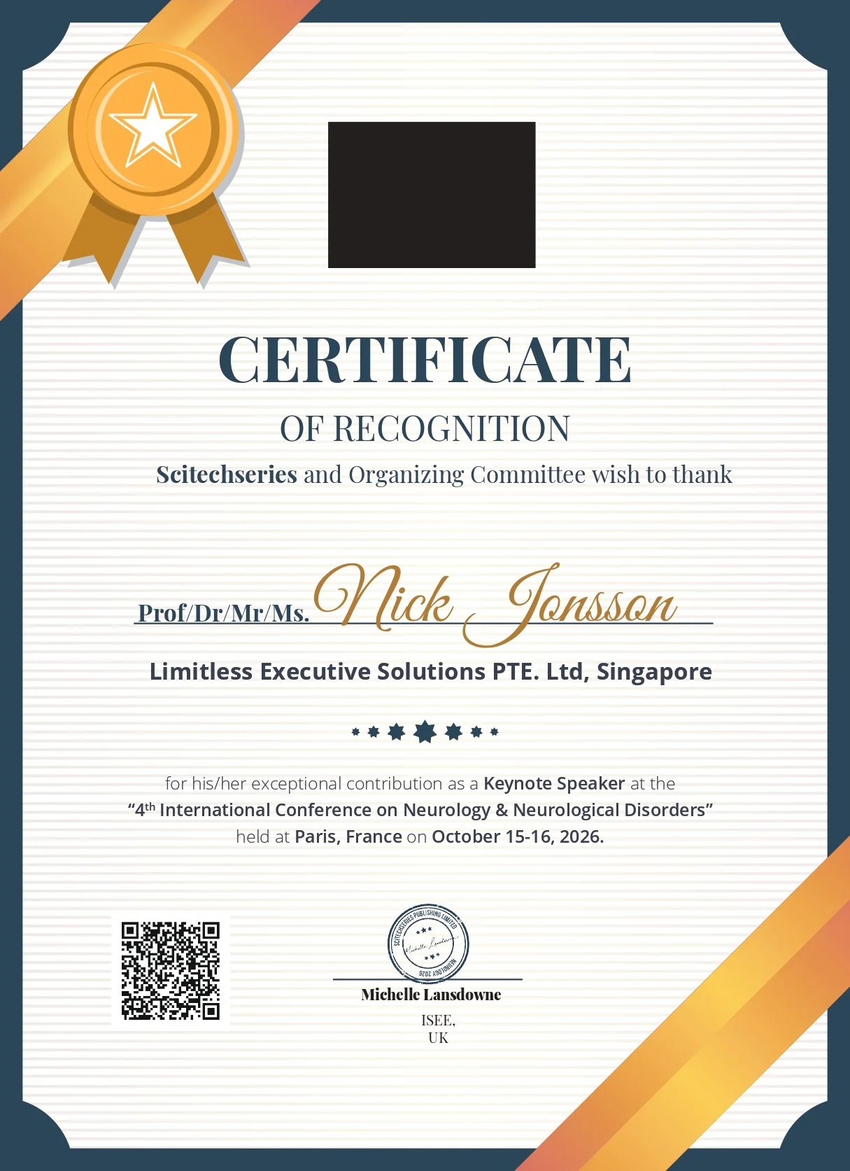 Nick Jonsson's speaker recognition certificate from the 4th International Conference on Neurology & Neurological Disorders, Paris 2026