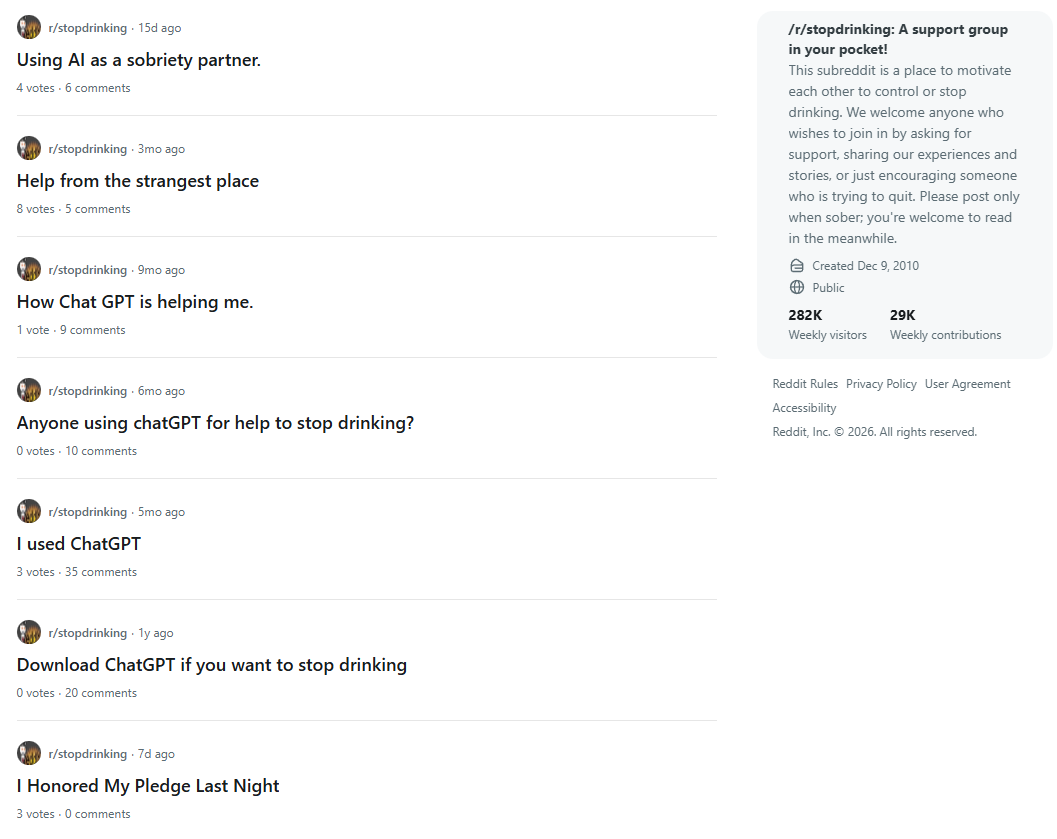 people using ChatGPT more of as a way to journal and process their journeys away from alcohol