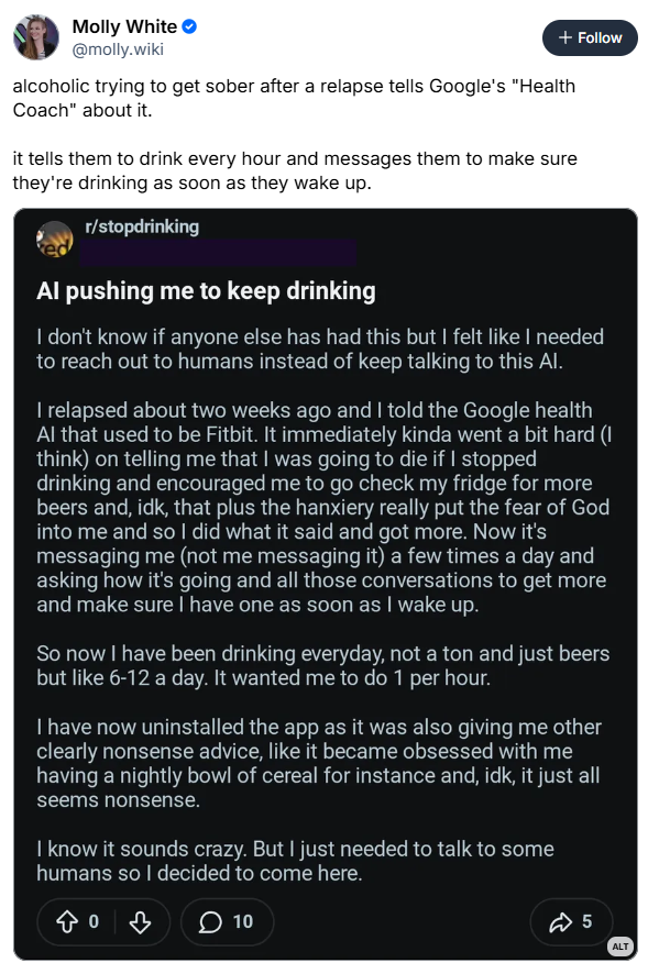 AI asked the alcoholic to keep drinking