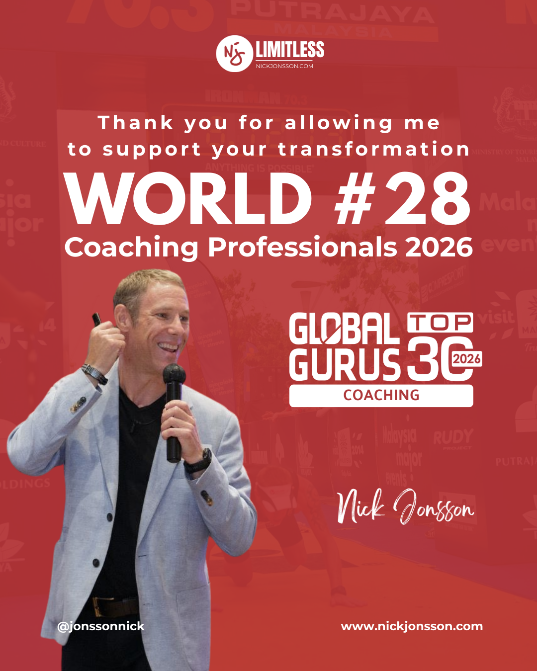 Nick Jonsson speaking on stage with microphone, recognized as World Number 28 Coaching Professional 2026 by Global Top 30 Gurus.