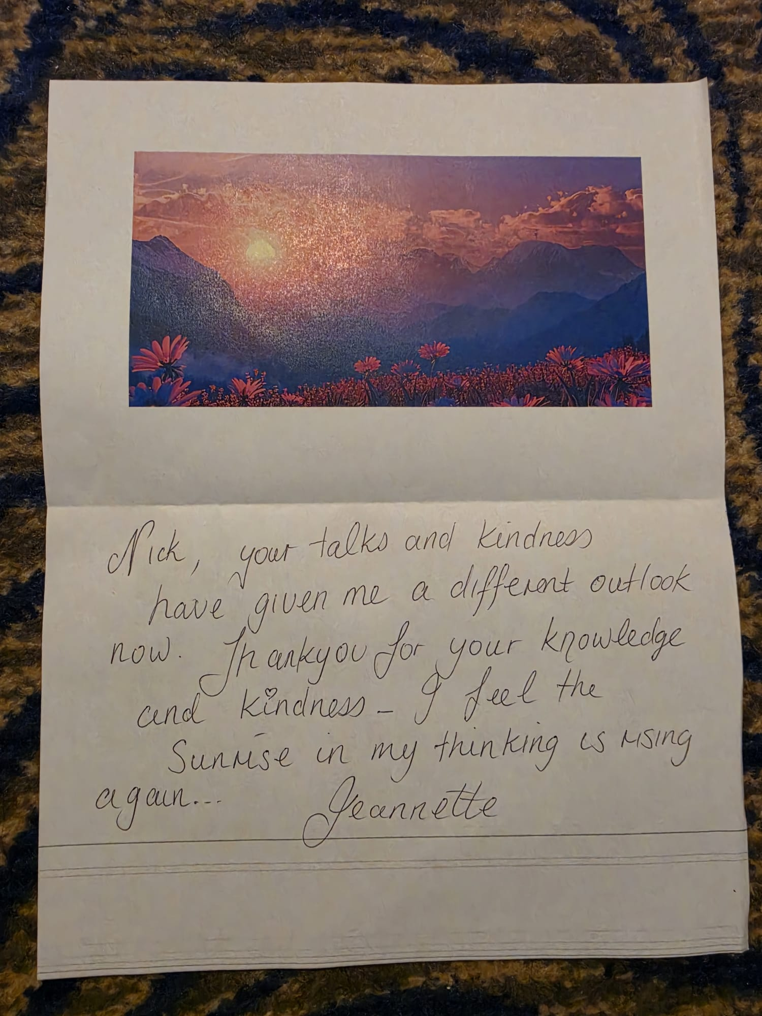A handwritten message from Jeannette for Nick Jonsson