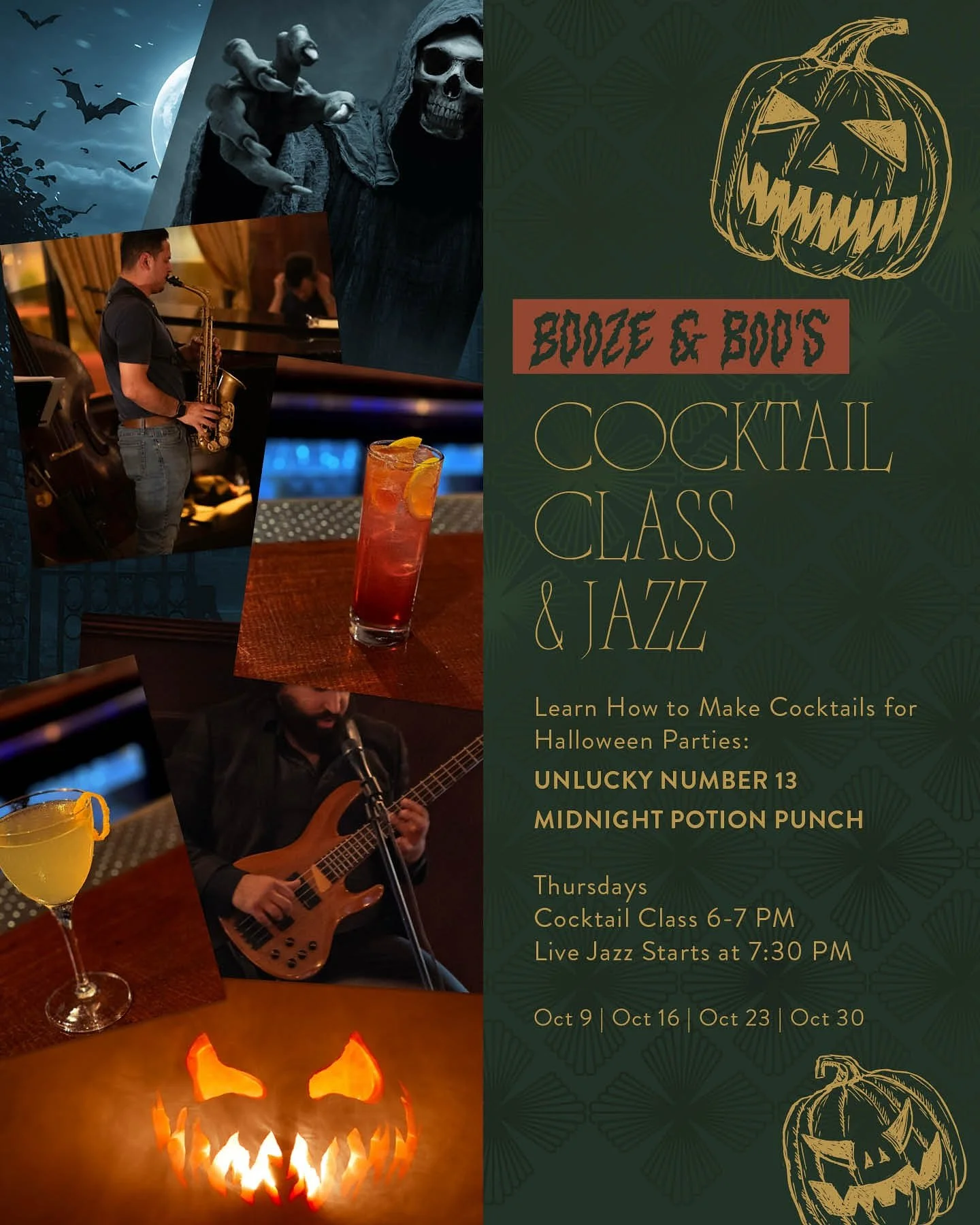 🎃 Boo&rsquo;s &amp; Booze Cocktail Class 👻

Shake, stir, and summon your inner mad scientist at this spooktacular hands-on cocktail class. You&rsquo;ll mix up two hauntingly delicious Halloween drinks:

🍎 Unlucky Number 13 &ndash; Fontbonne herbal