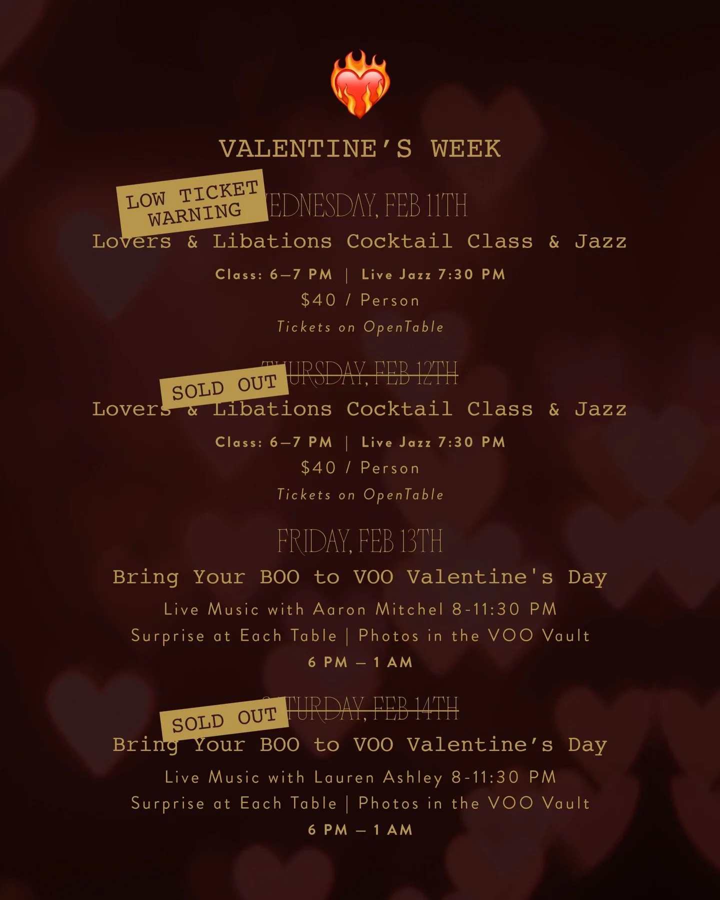 Valentine&rsquo;s Week at VOO is already heating up. ❤️&zwj;🔥🍸

🍹 WED: Only 2 tickets left for our cocktail class tomorrow at link in bio. Get &lsquo;em before they gone!

💕 THURS: Cocktail class is sold out! We&rsquo;ll see you if you&rsquo;re s