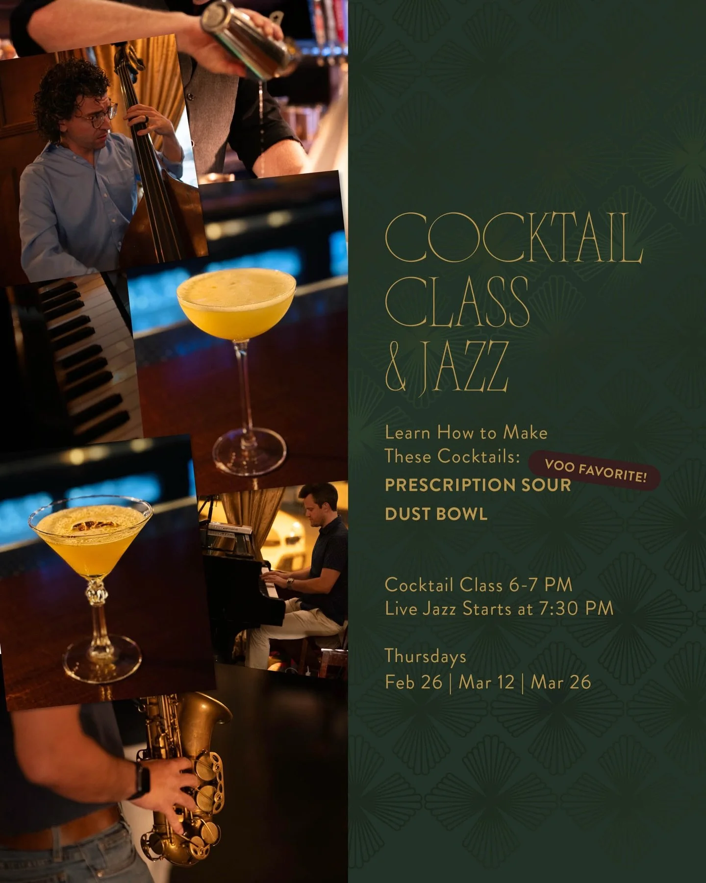 New cocktail class &amp; jazz dates just dropped! 🍸📆 Shake things up with us. Learn to craft two truly unique cocktails off our menu, then stay after class for live jazz.

📆 Feb 26 | Mar 12 | Mar 26
⏰ Classes from 6&ndash;7 PM
🎷 Live jazz starts 