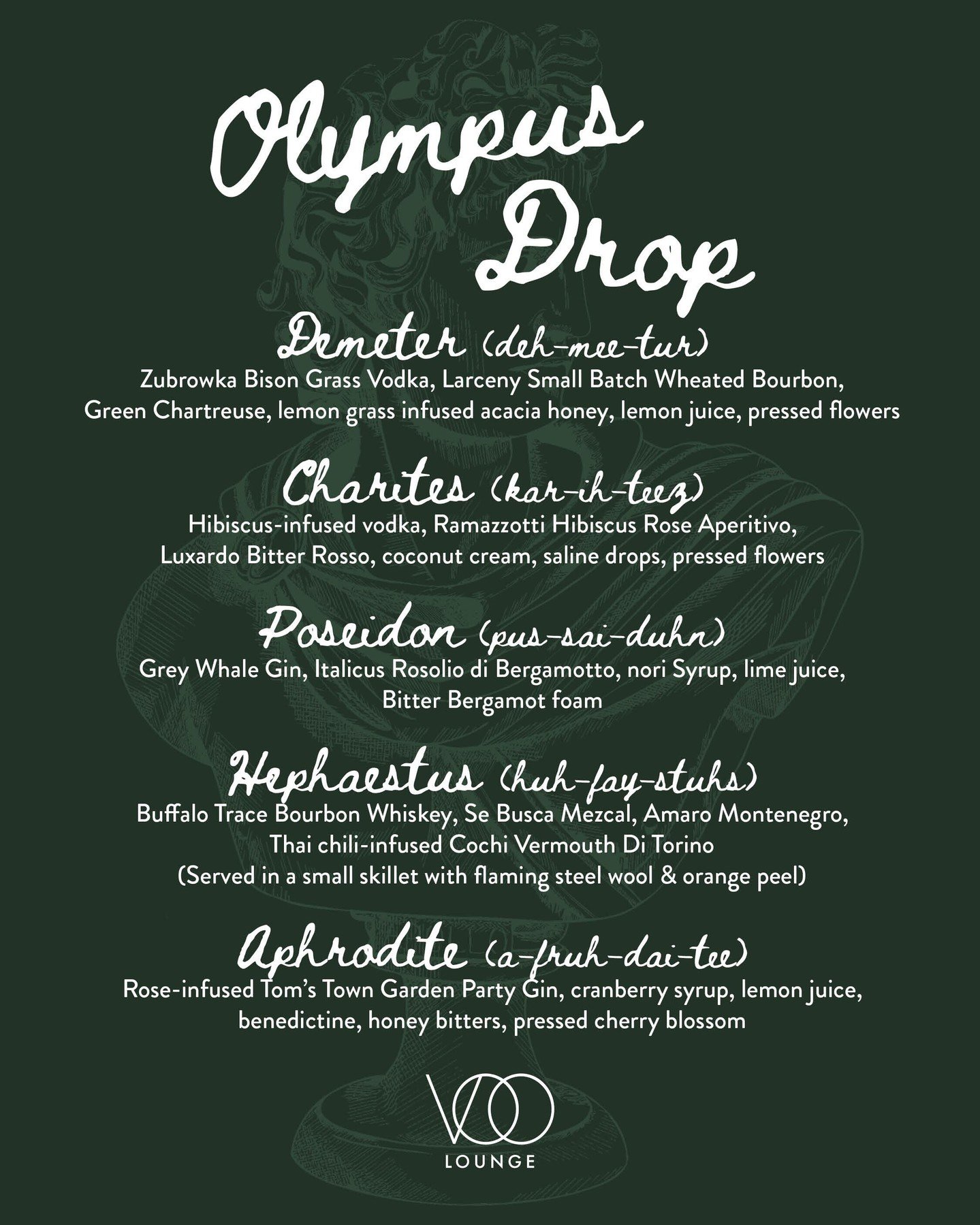 Olympus drop. ⚡🍸

Our first themed cocktail drop launches tonight! Meet Demeter, The Charites, Poseidon, Hephaestus, and Aphrodite, each one crafted for the gods and goddesses (and anyone who drinks like one).

They&rsquo;re only here for a limited 