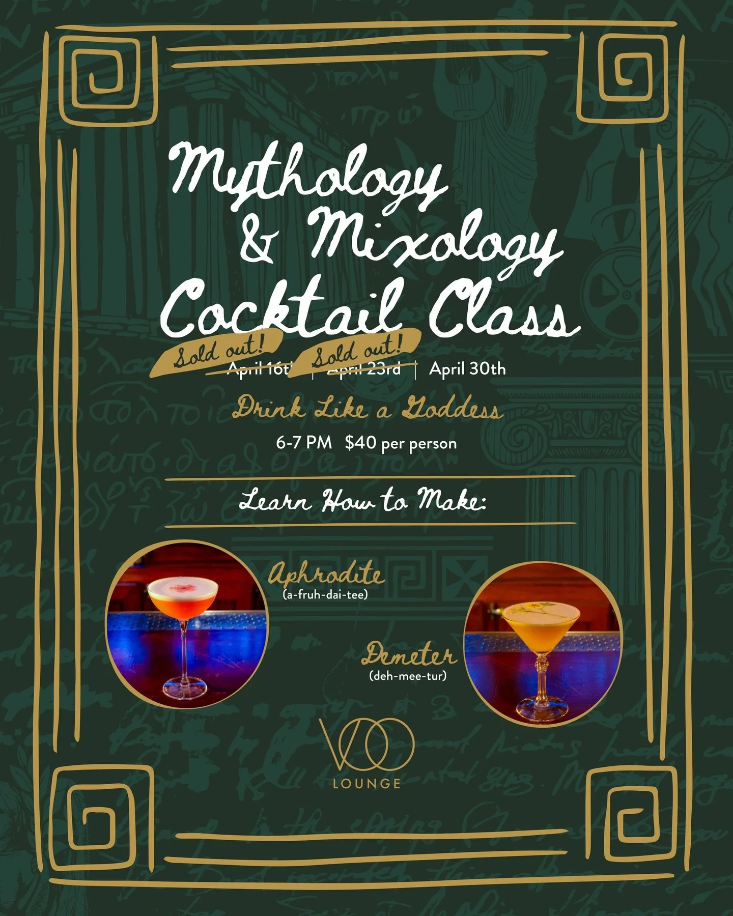 Sold out! Just one night left to channel your inner Aphrodite or Demeter. Don&rsquo;t miss it. 

Join us for our Mythology &amp; Mixology Cocktail Class and craft two seriously divine cocktails&hellip; then stay after for live music. 

📆 April 30 ⏰ 