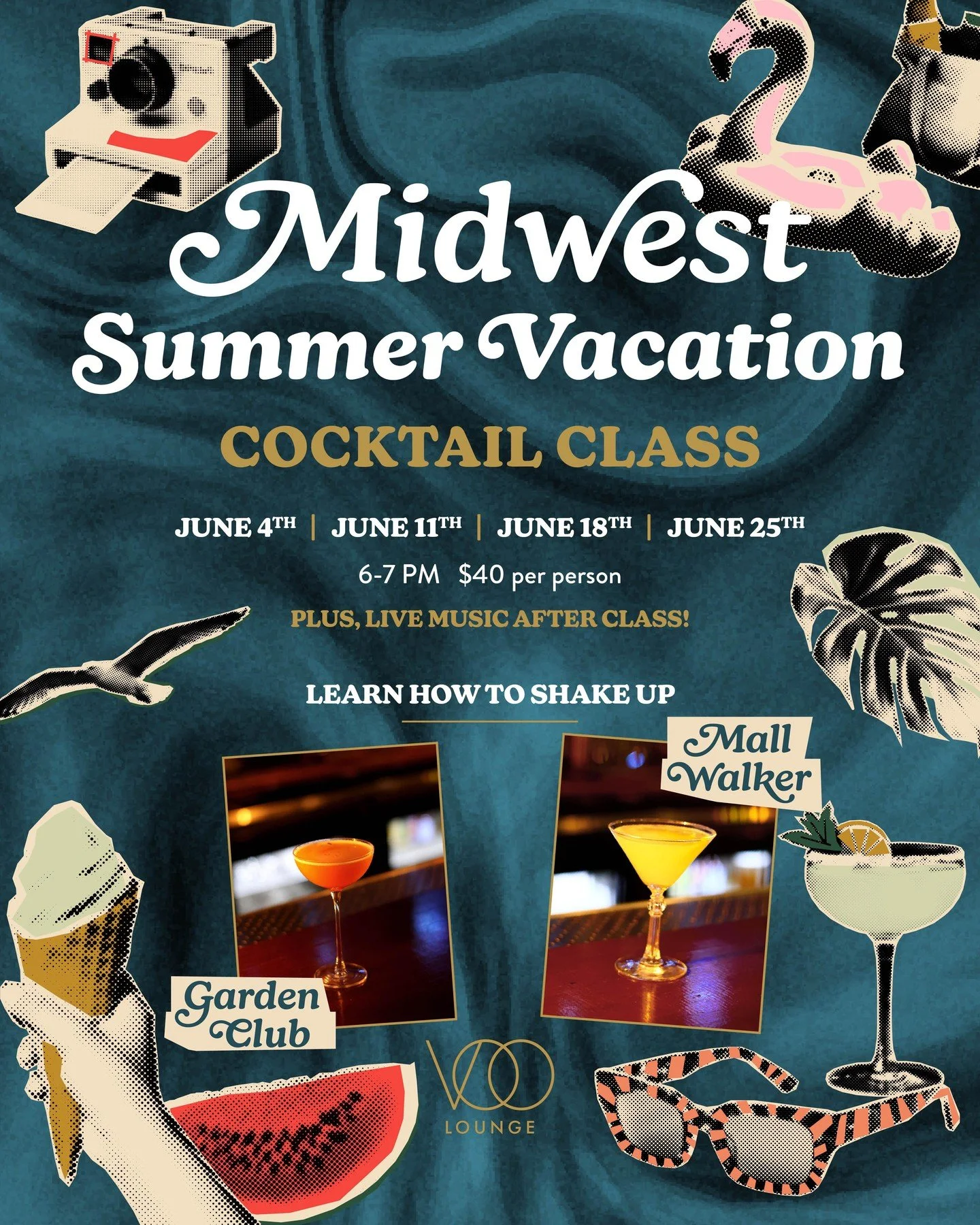 Take a Midwest Summer Vacation with us. ☀️⛱️

Every Thursday in June we're slingin' summer drinks, and teaching you how to make 'em.

⏰ Class from 6&ndash;7 PM
🎵 Live Music at 7:30PM
🅿️ Validated parking included at the Kansas City Marriott Downtow
