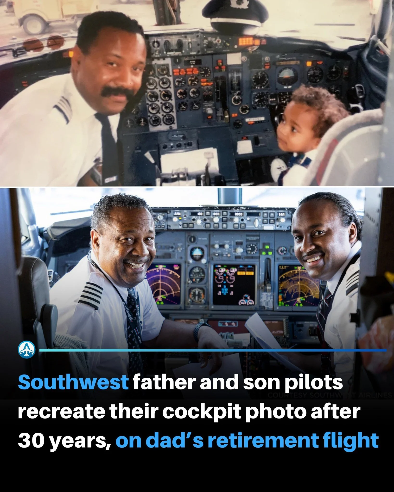 A side-by-side comparison of two cockpit photos, one from 30 years ago with a father and his young son, and a recent one with the same father and son smiling inside a modern airplane cockpit.