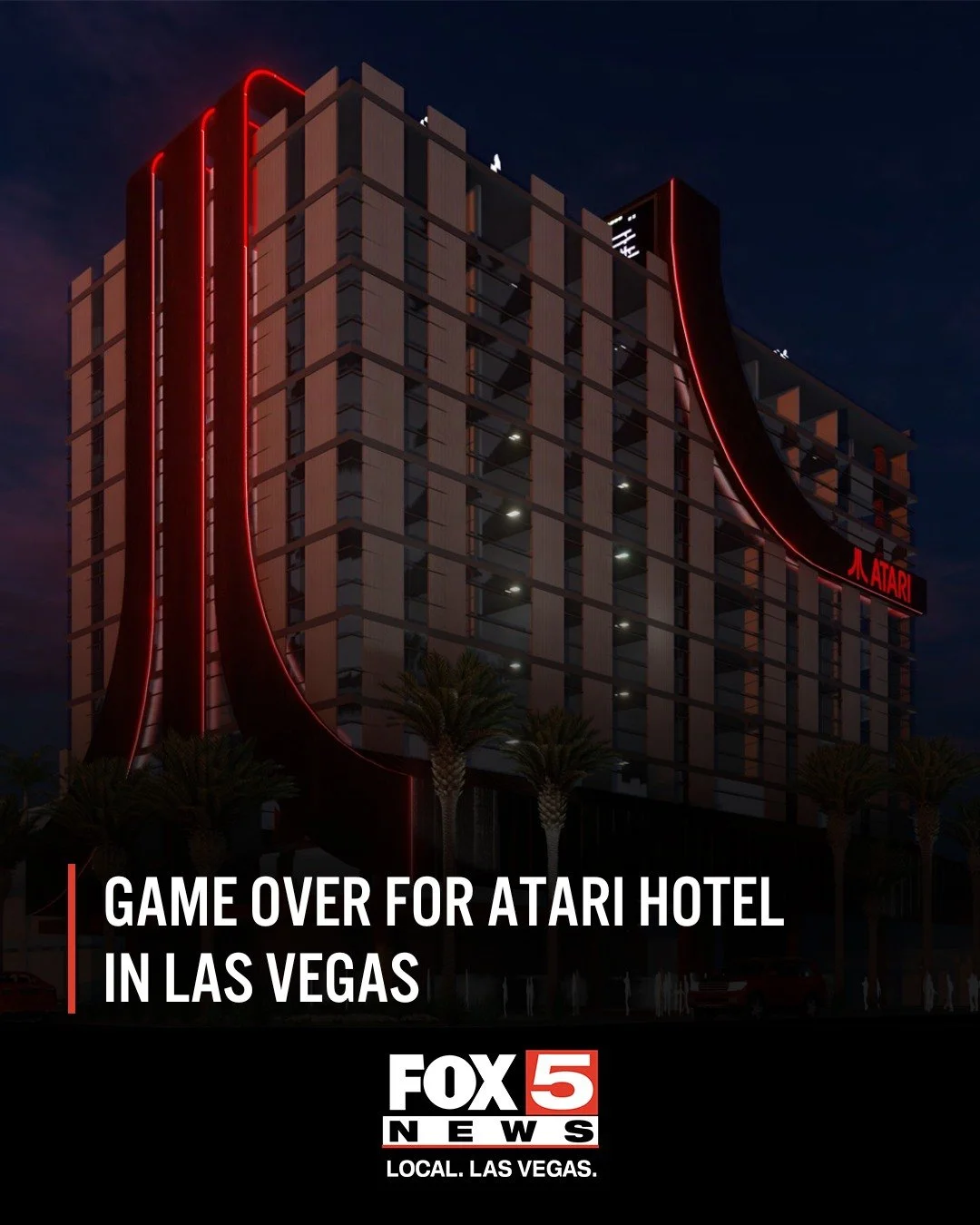 Nighttime photo of the Atari Hotel in Las Vegas with neon red lighting accents and palm trees in front. An utter failure.