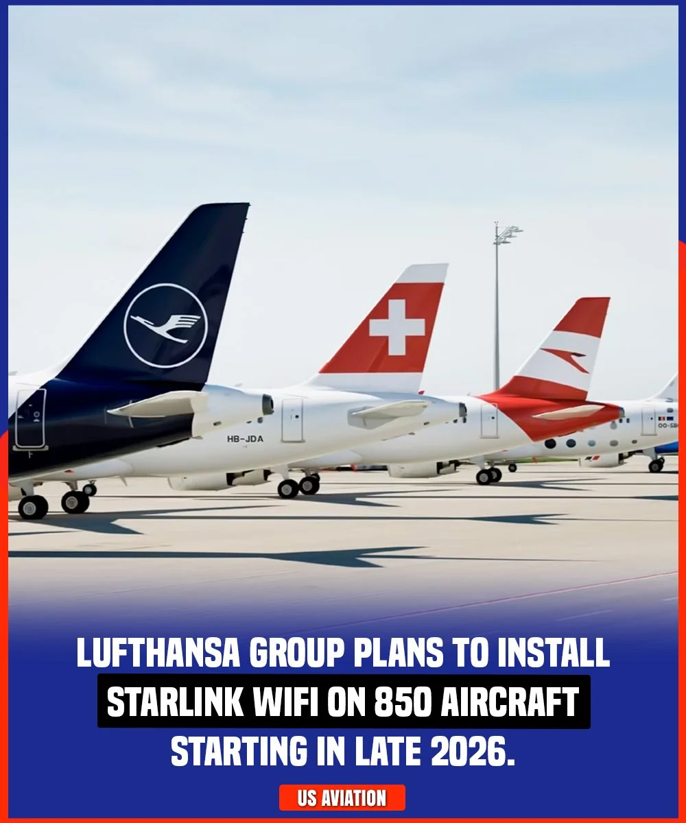 Image of airplane tails with Lufthansa, Swiss, and Air Malta logos at an airport. Text overlay: 'Lufthansa Group plans to install Starlink WiFi on 850 aircraft starting in late 2026.'