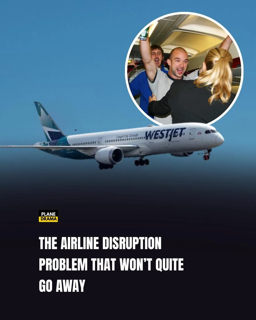 An airplane in the sky with a logo that reads 'WestJet' and a headline about airline disruption problems.