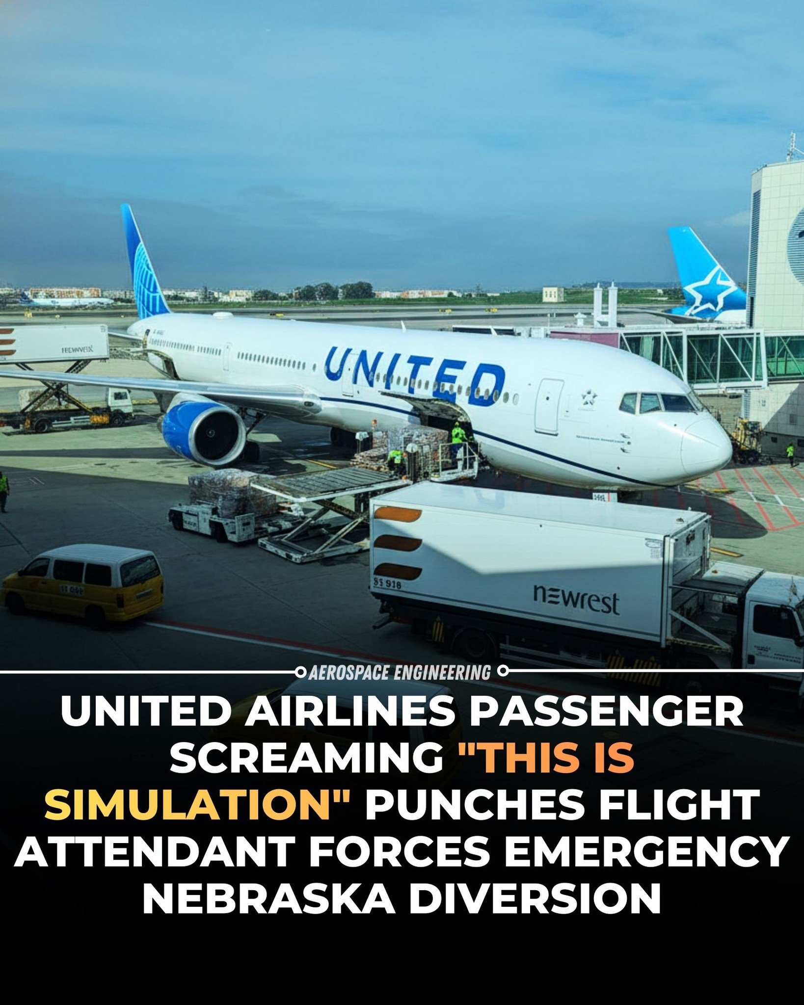 An airport scene with a United Airlines airplane at the gate, ground crew and luggage carts around it, and a background of sky and airport buildings.