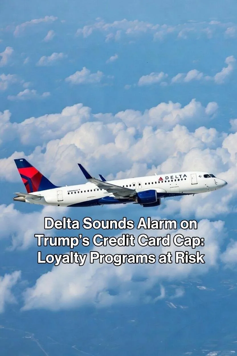 Delta airplane flying above clouds with a headline about Delta raising alarm on loyalty programs at risk.