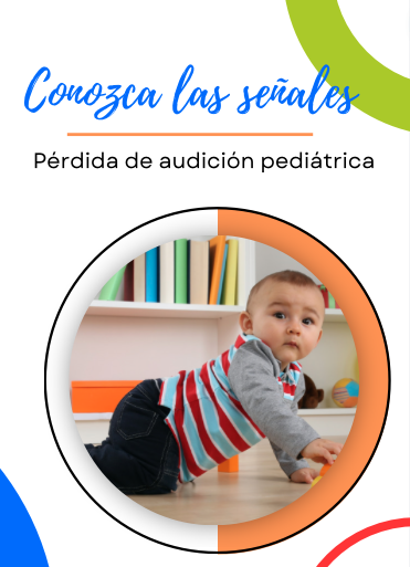 Advertisement about pediatric hearing loss with a baby crawling indoors.