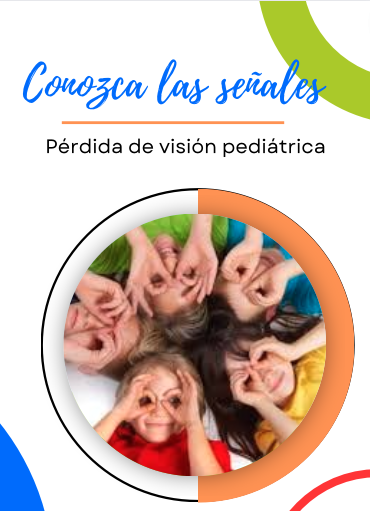Children making hand glasses, text in Spanish about pediatric vision loss awareness.