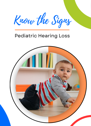 Infant crawling on a wooden floor with bookshelves in the background, promoting awareness of pediatric hearing loss with text "Know the Signs."