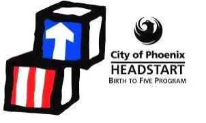 Logo for City of Phoenix Headstart Birth to Five Program featuring three stacked blocks with arrows and stripes.