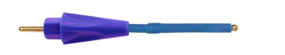 A fiber optic cleaning tool with a purple handle and a blue pin for cleaning fiber optic connectors.