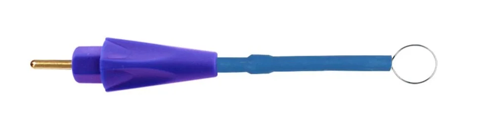 A cleaning brush with a long handle, purple and blue parts, and a small metal loop at the end.