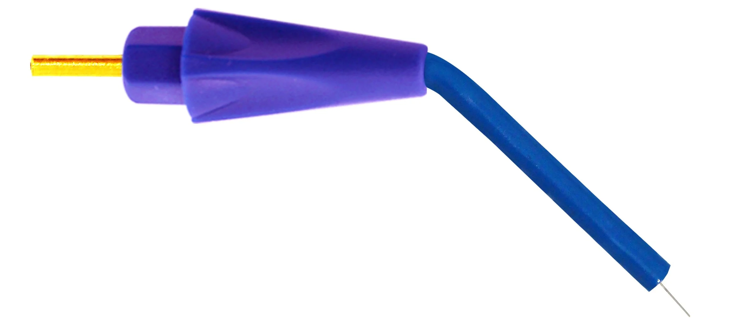 Close-up of a blue electrical wire with a purple connector and a gold-colored pin at the end.