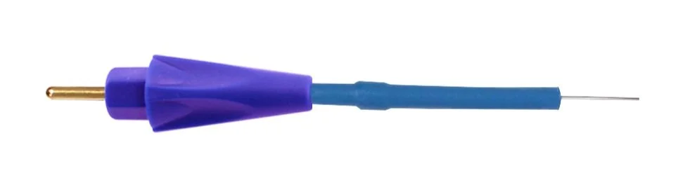 Disposable lancet for blood testing with a purple plastic cap and a thin metal needle.