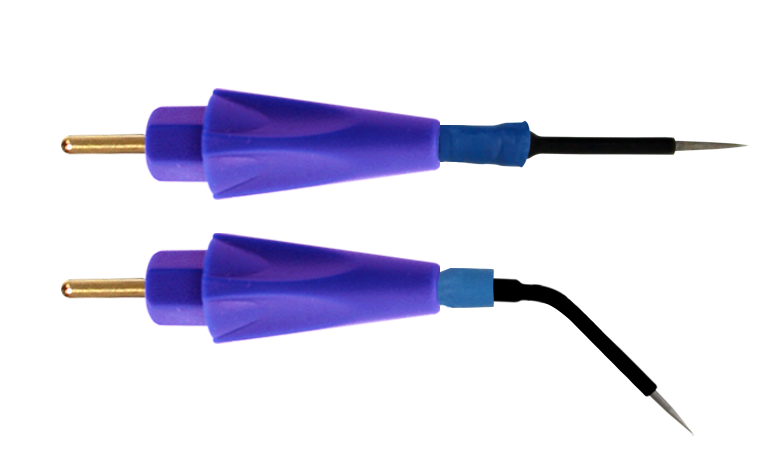 Set of surgical radiofrequency monopolar electrode tools with blue handles and various metal tips. Precision cutting.