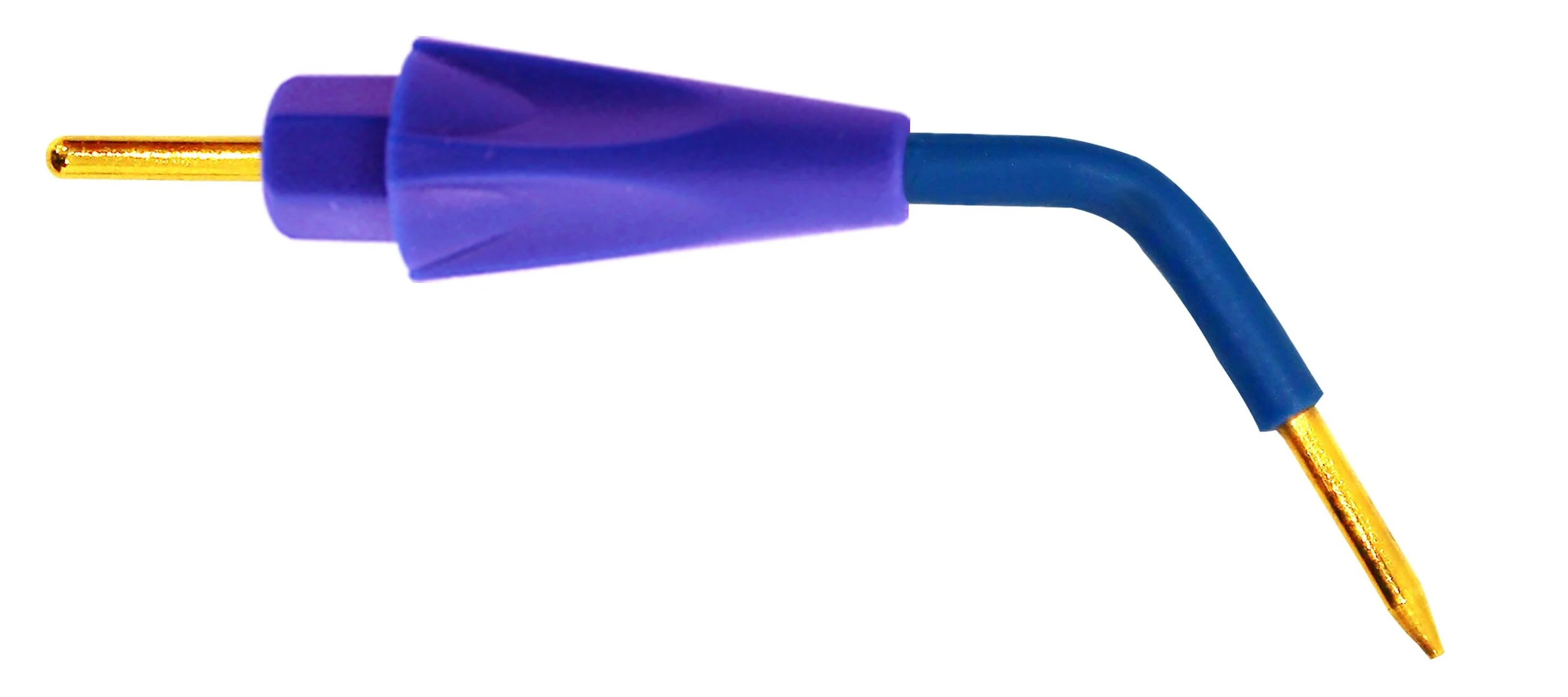 A close-up of a blue and purple medical or dental syringe with a gold needle tip, against a white background.