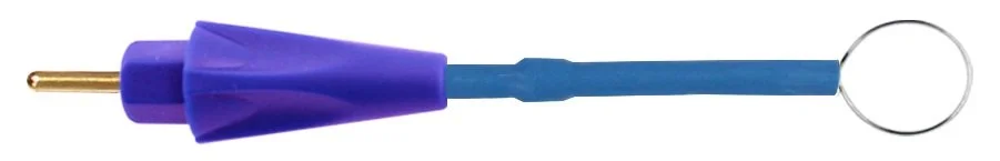 A blue and purple silicone ear cleaning loop with a metal ring on one end and a handle on the other.