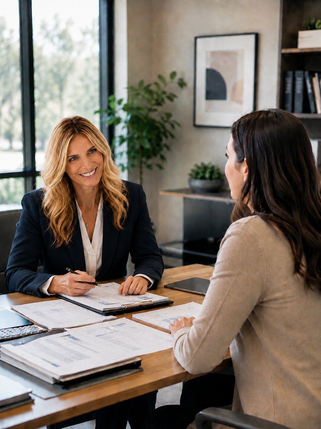 a blonde female accountant in an office in arizona chatting with a woman and reviewing her taxes