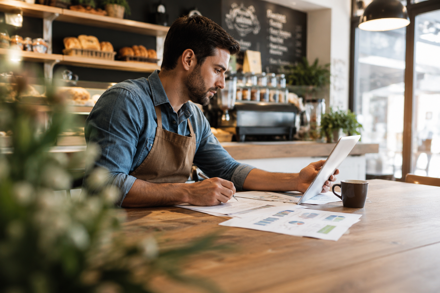 man looking at tax documents in cafe in arizona