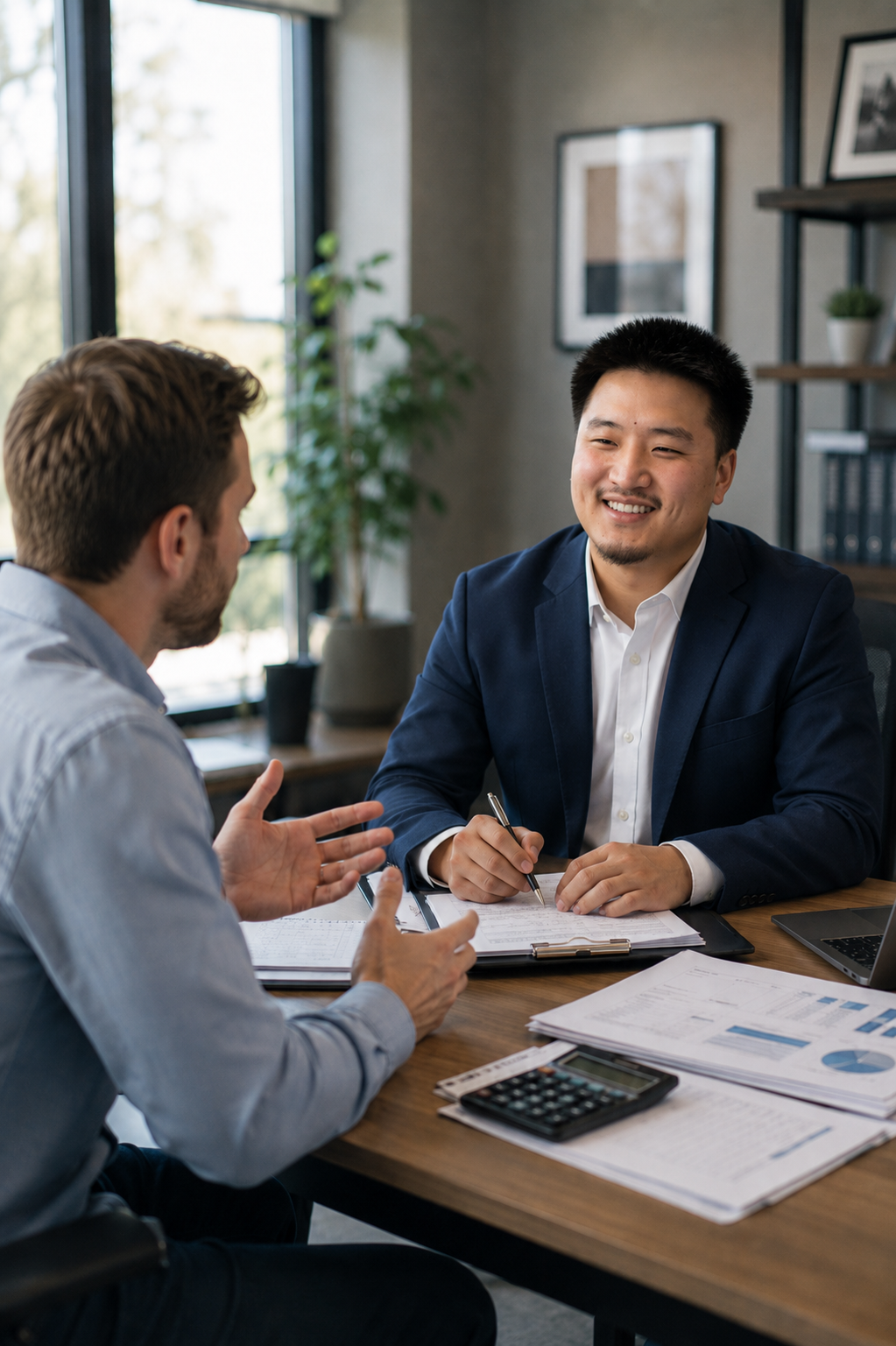 an asian male accountant reviewing another man's payroll in an office in arizona