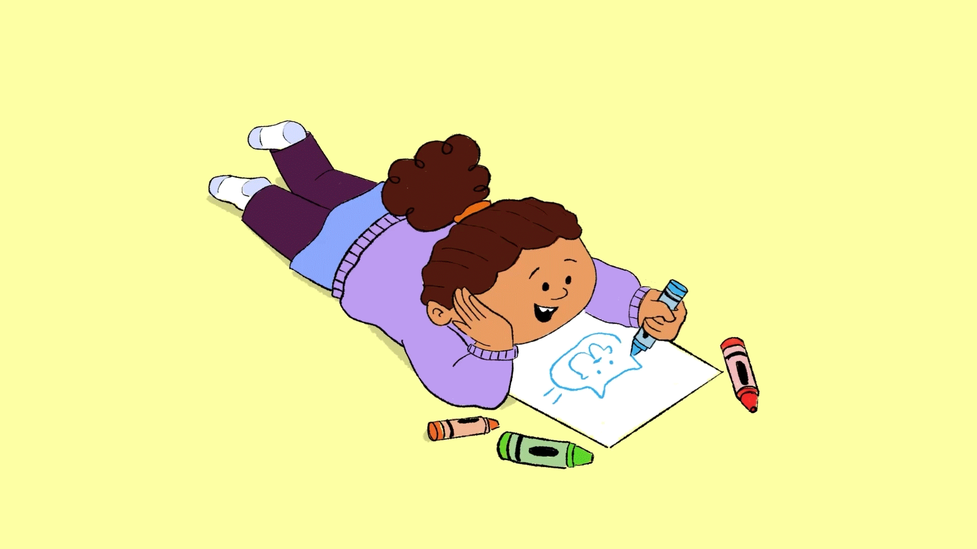 A young girl with brown hair lying on her stomach on the floor, coloring a picture with markers. She is smiling and resting her chin on her hands, with drawing supplies around her on a yellow background.
