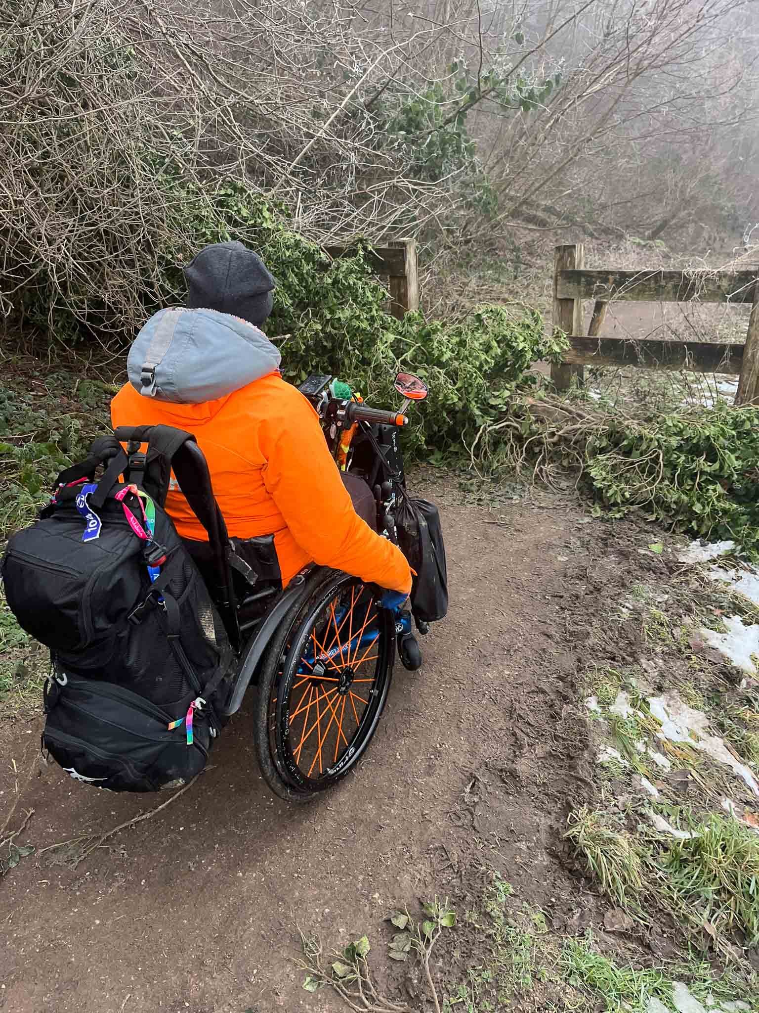 Person in een rolstoel, gekleed in een oranje jas en een zwarte muts, kijkt uit over een natuurlijke omgeving met struiken en een brug.