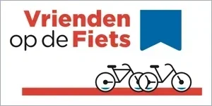 Logo met de tekst 'Vrienden op de Fiets' en drie fietsen onder een rode lijn.