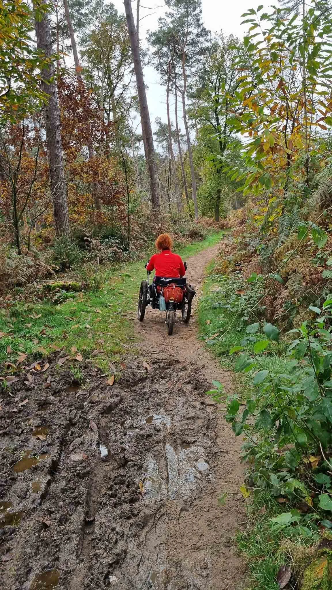 Een persoon in een rolstoel fietst op een modderig bospad, omgeven door groene bomen en struiken.