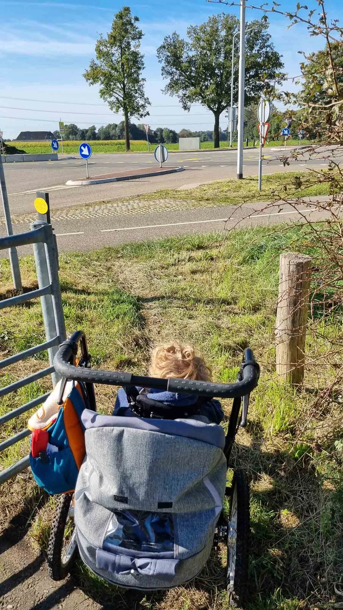 Een kinderwagen met een kind met blond haar die voor een hek staat, terwijl ze uitkijkt naar een weg met verkeersborden en bomen op de achtergrond.