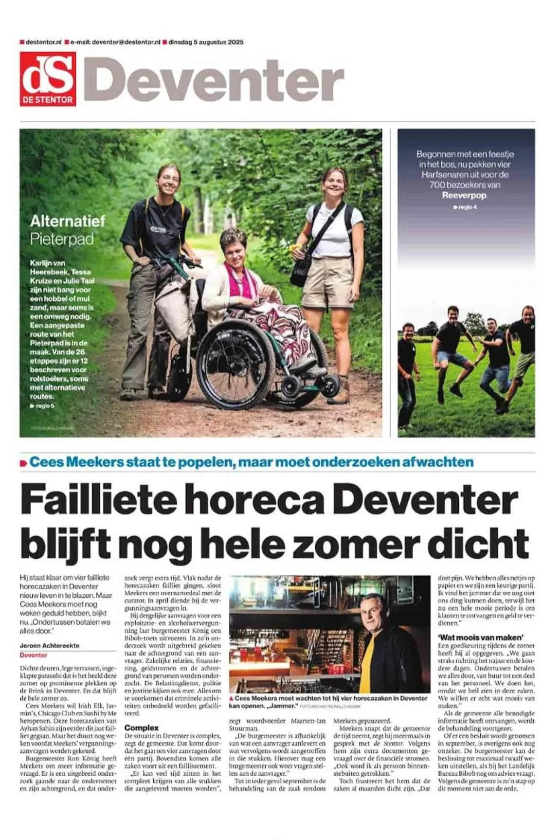 Voorpagina van De Stentor met een artikel over de failliete horeca in Deventer en foto's van mensen in een bos en op een grasveld.