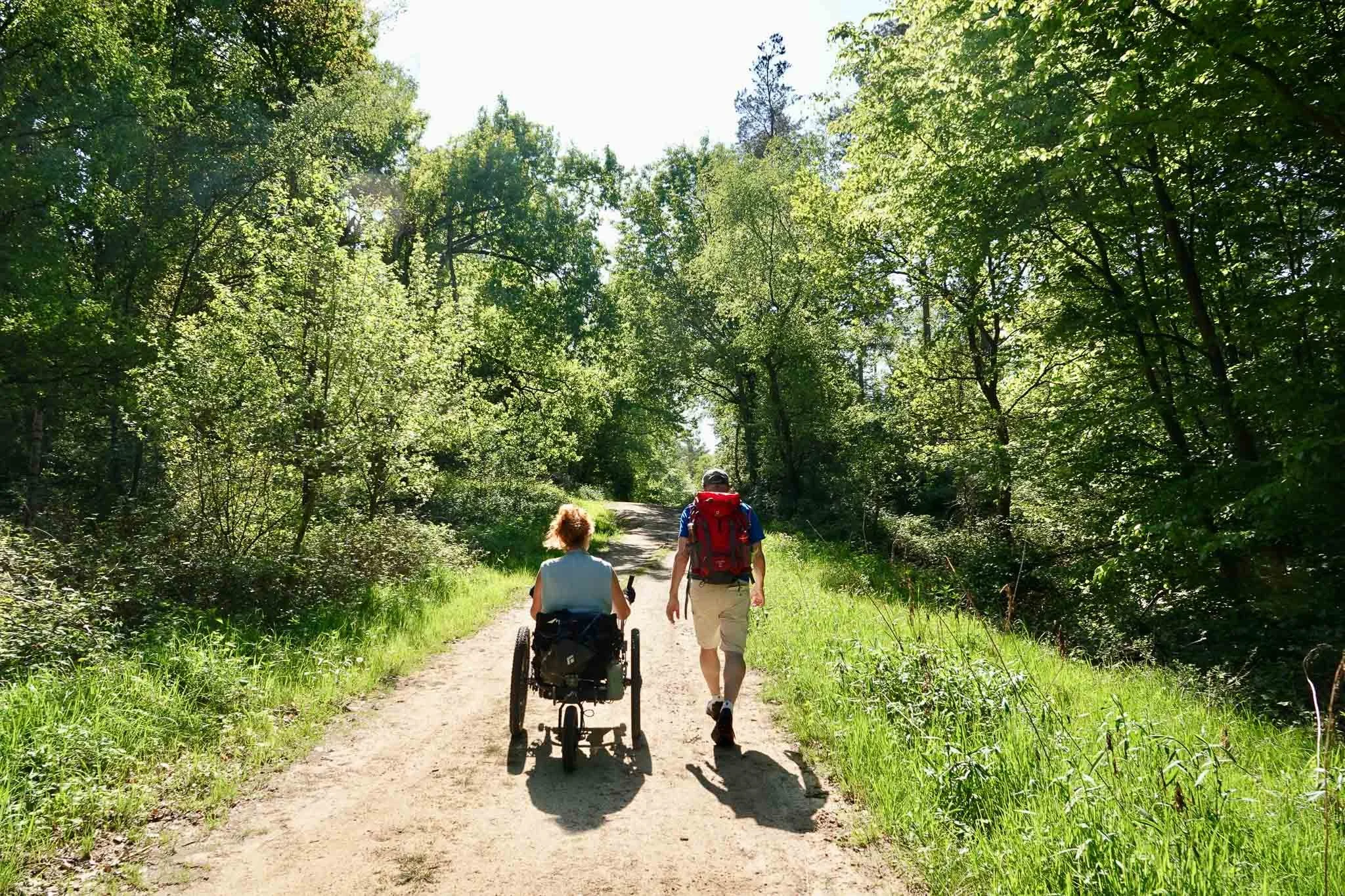 Twee mensen wandelen door een bos, één persoon in een rolstoel en de ander loopt naast hen, met groene bomen en een bospad in de omgeving.