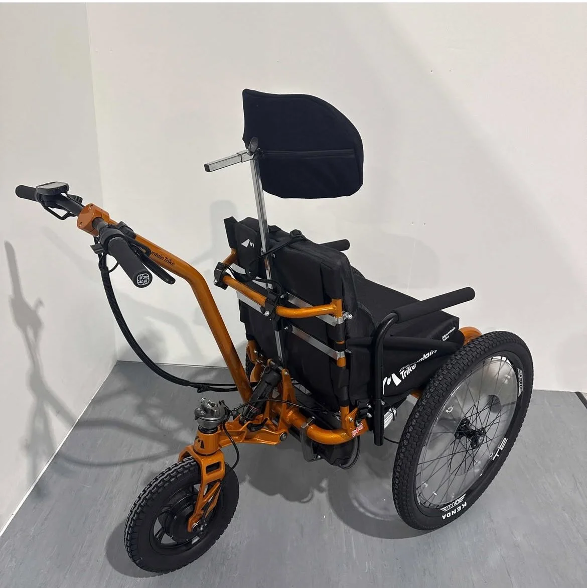 Mountain Trike e-Push. Een elektrische driewieler met een zwart zitje, een zwarte bagagedoek en een kopstuk, ontworpen voor toegankelijkheid.