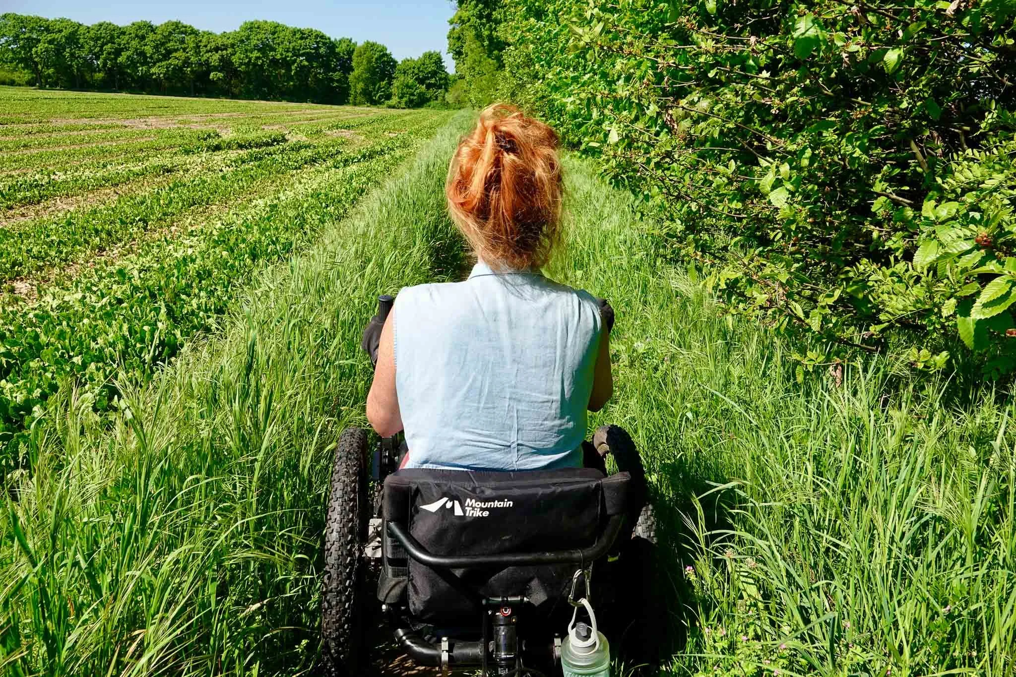 Vrouw in een rolstoel rijdt door een grasveld langs een boomgaard op een heldere dag.