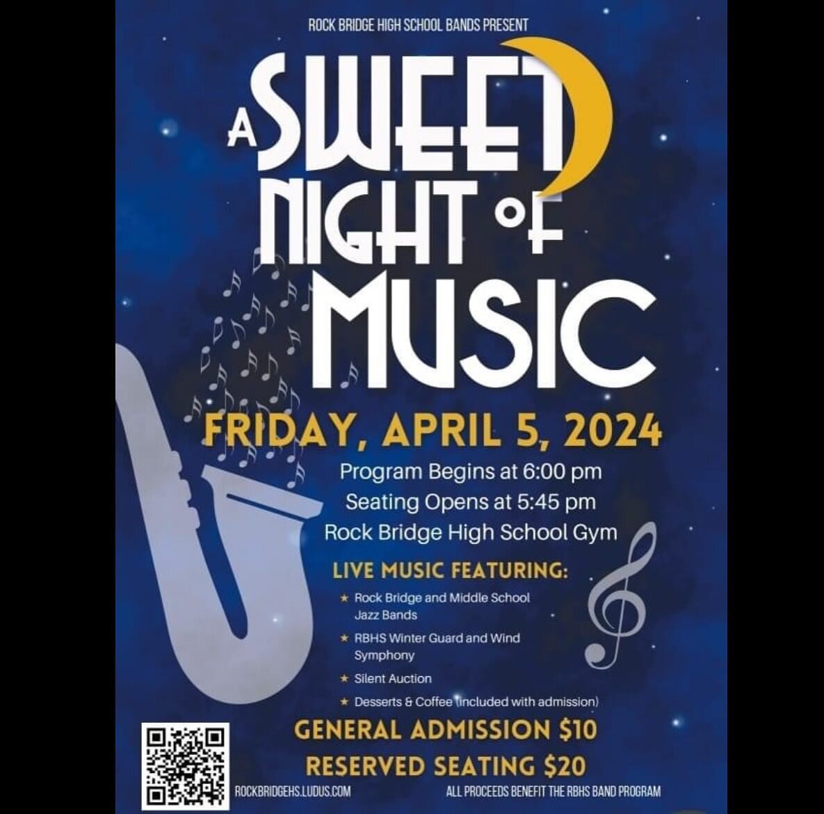 Tomorrow/Friday, April 5th is Sweet Night of Music in the Rock Bridge Gyms. This is a wonderful evening of band performances, desserts, and a silent auction.

We have a guest artist, Marcus Lewis, performing with the bands that evening. Marcus Lewis 