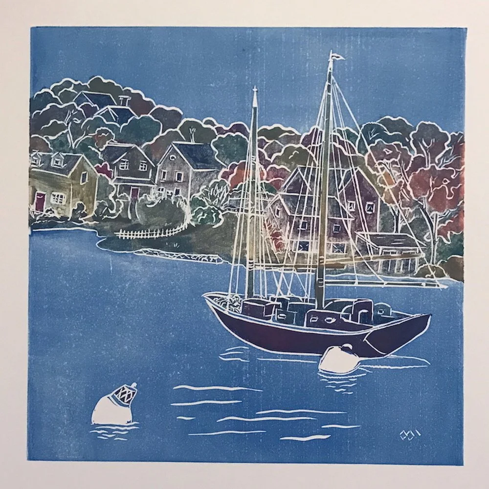 SAFE HARBOR, white line linocut,  12" x 12"