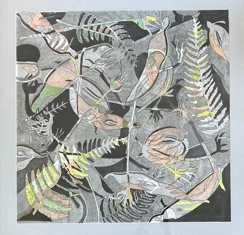 WE ALL FALL DOWN. Wood cut and watercolor.