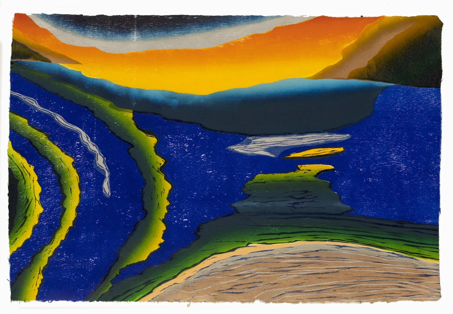 Climate Climax, reduction woodcut with pochoir, 24”X36” bleed print on Natsume 4007 handmade Japanese paper