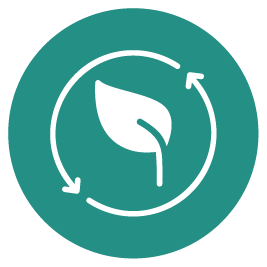 A circular logo with a leaf in the center and a recycling arrow surrounding it.