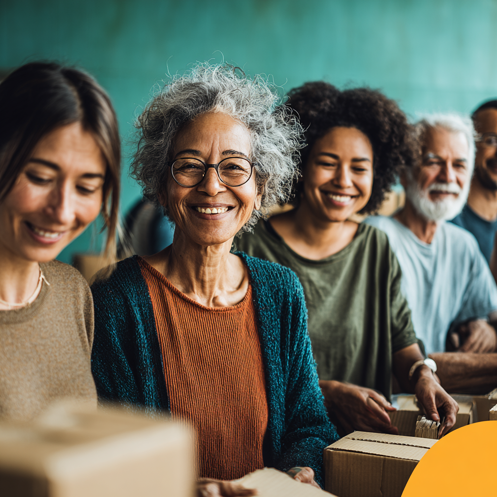 A diverse group of smiling people standing in line with boxes, volunteering or working together in a community setting.