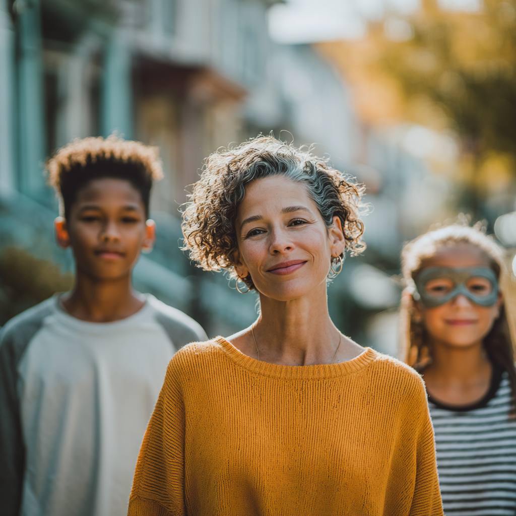 A middle-aged woman with curly gray hair smiling outdoors with two children, one wearing glasses, on a sunny day.
