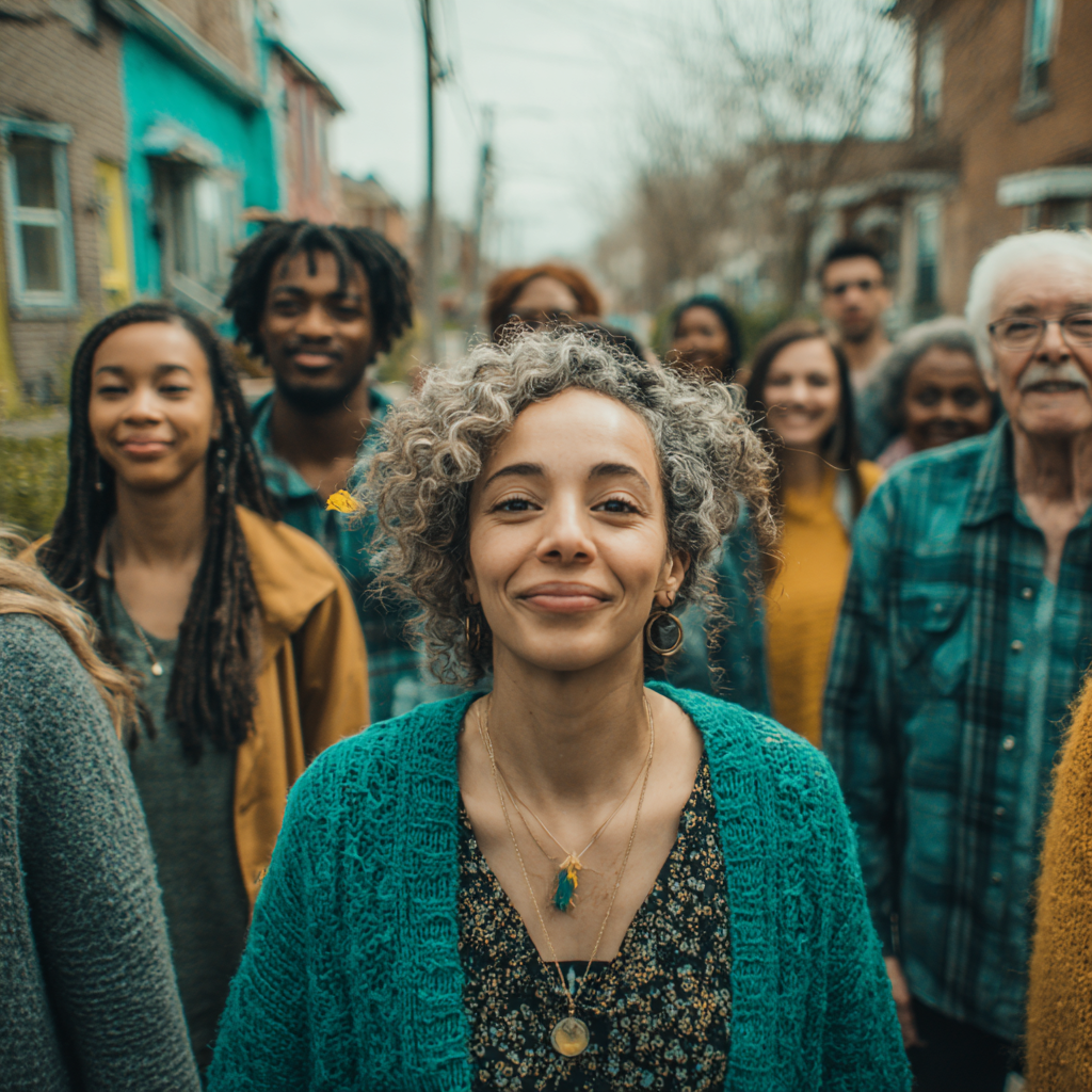 A group of diverse people standing together outdoors in a neighborhood, smiling with a woman with curly gray hair in the foreground.