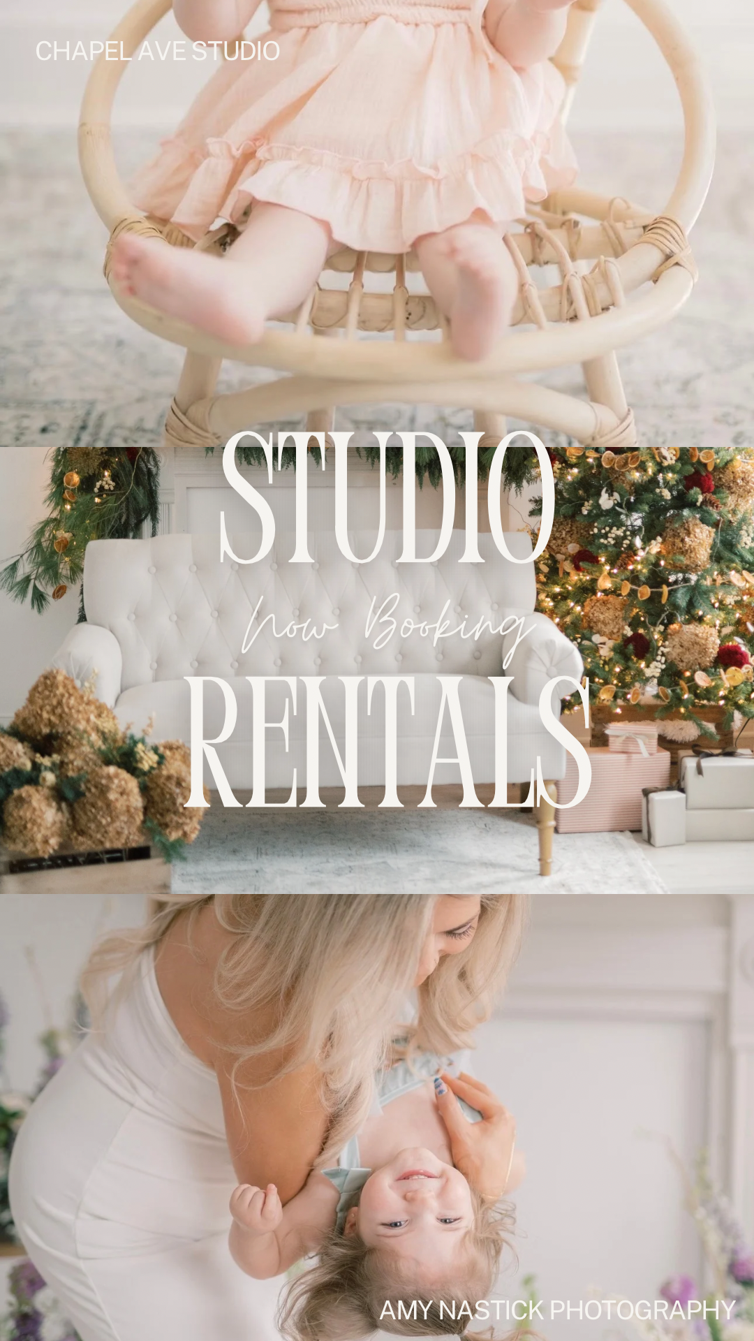 Three-section collage: top shows baby's feet on wicker chair, middle shows a decorated Christmas tree and white sofa with holiday decorations, bottom shows a woman holding a smiling little girl upside down indoors.