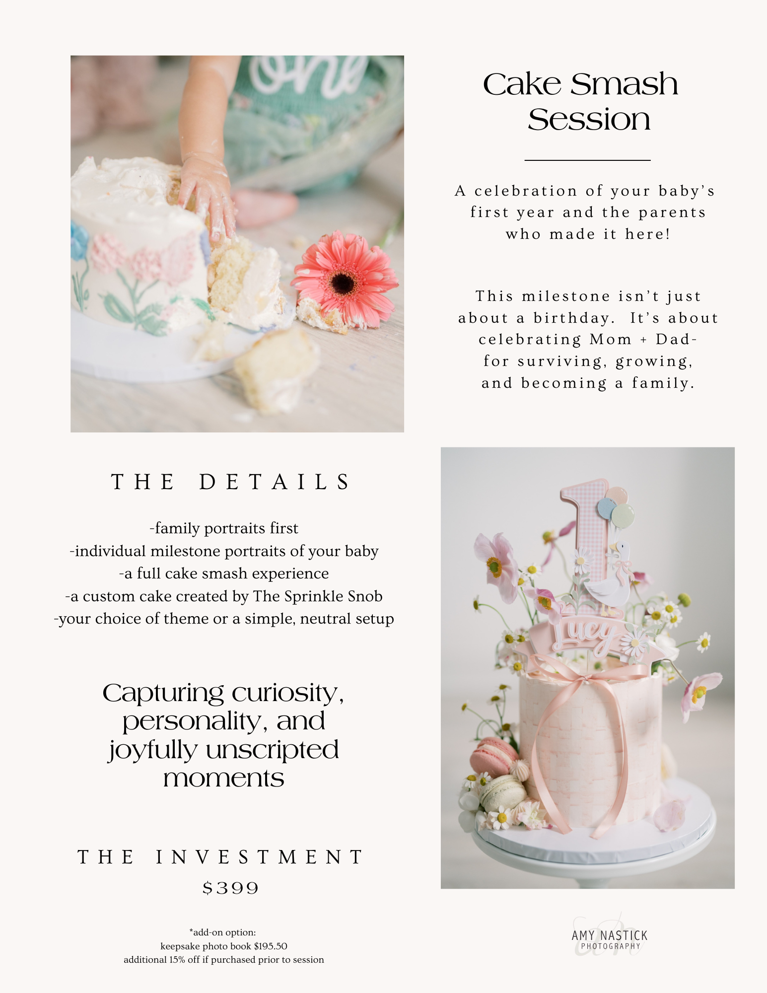 Flyer for a cake smash session featuring photos of a smash cake and a decorated cake for a baby's first birthday.